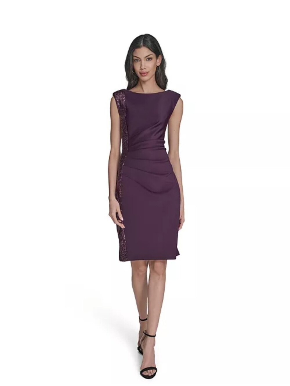 Eliza J NWT Plum Purple Sequin Ruched Cocktail Sheath Dress Size 14P $158